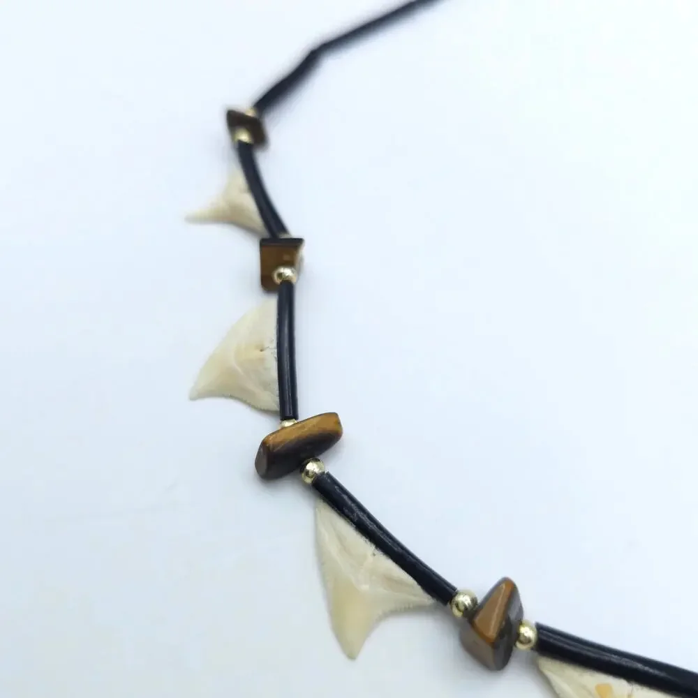 Vintage Shark Tooth Black Coral Tigers Eye Beaded Necklace 19